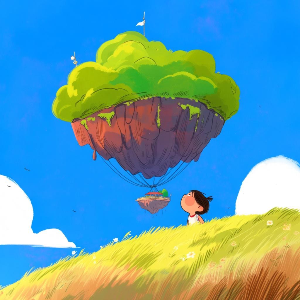 Un bambino piccolo si trova su una collina erbosa, guardando in alto con stupore una massiccia isola galleggiante dai colori vivaci sospesa in alto nel cielo blu.