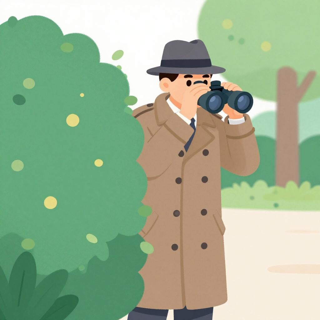 Een persoon in een trenchcoat en hoed, verborgen achter een grote groene struik, kijkend door een verrekijker.