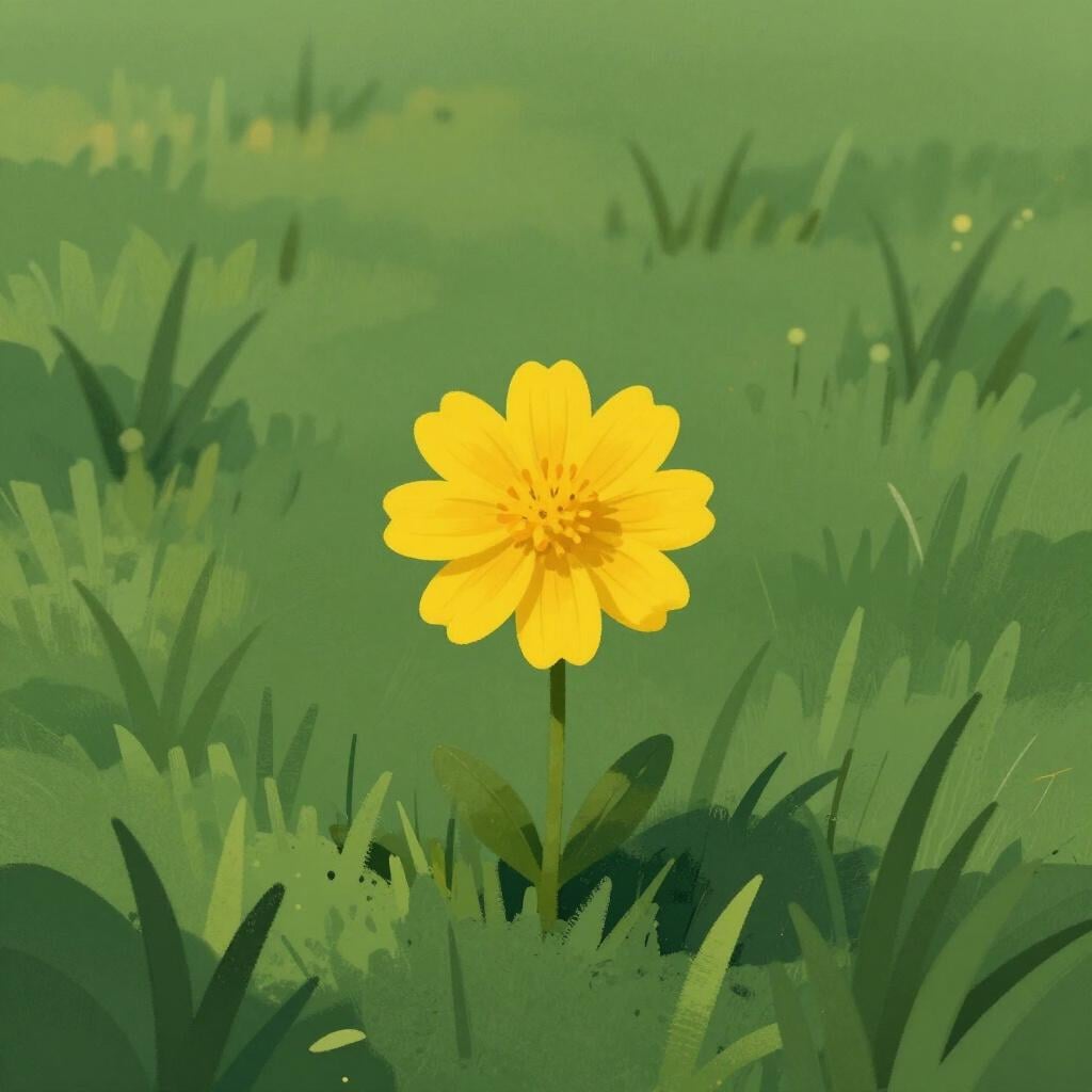 A single bright yellow flower standing taller than a field of dark green grass.