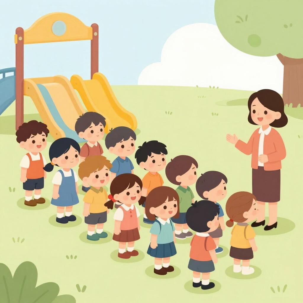 A colorful storybook illustration of a group of children standing in a line, following a leader by a playground.