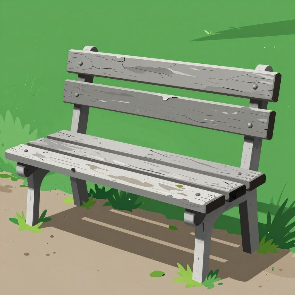 A wooden bench with peeling paint and weathered wood in a park.