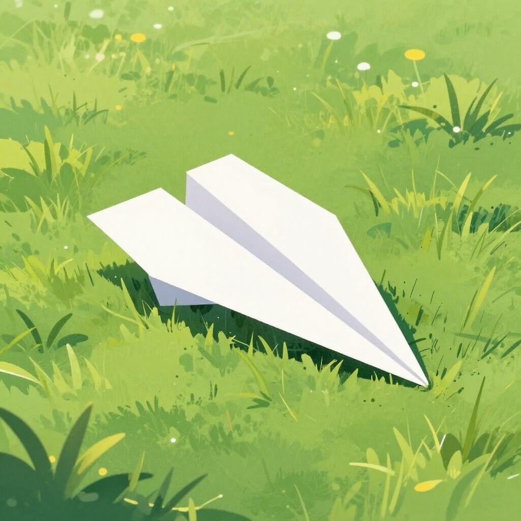 Un avion en papier posé sur l'herbe avec une aile froissée.