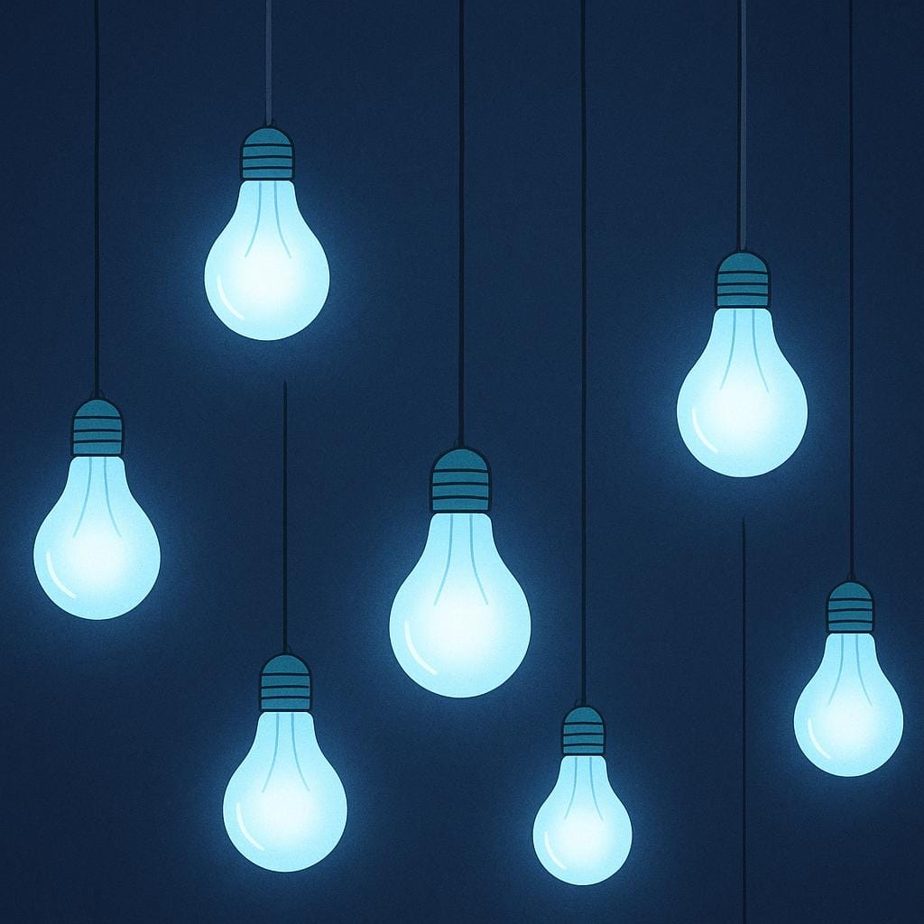 A simple storybook illustration showing three distinct, glowing light bulbs hanging down from dark wires against a dark background, providing bright illumination.
