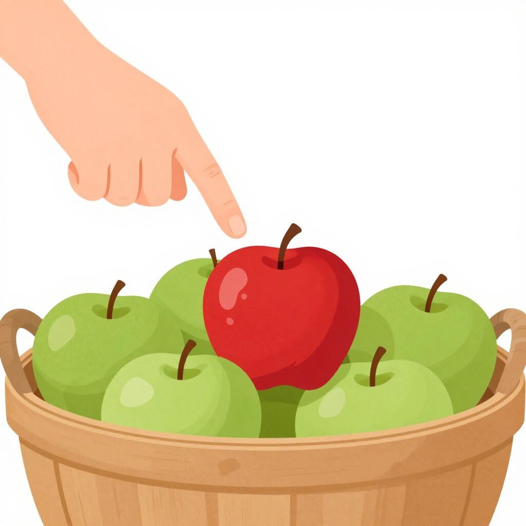 Une personne pointant spécifiquement une seule pomme rouge dans un panier plein de pommes vertes pour clarifier laquelle elle veut dire.