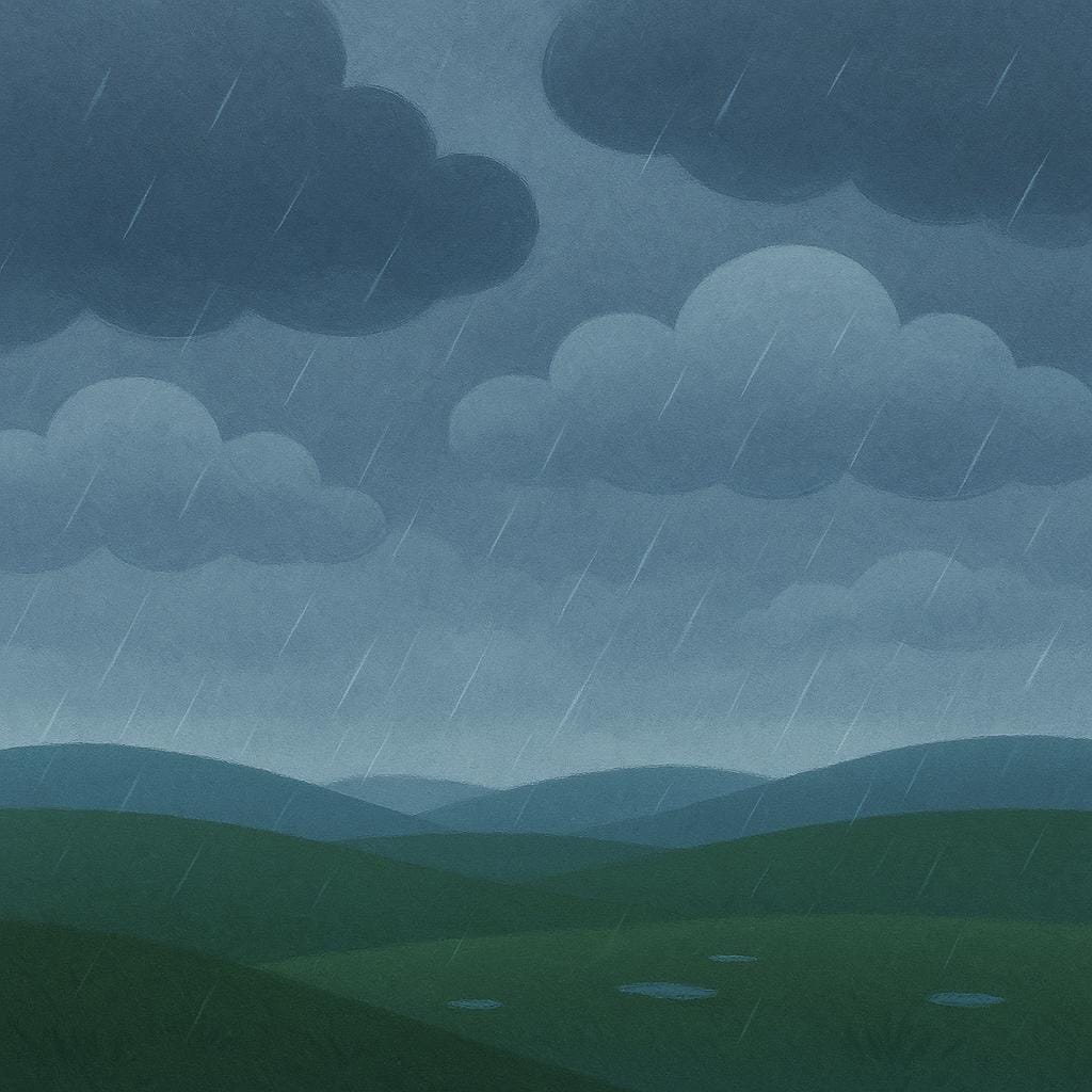 A simple, gloomy landscape illustration showing heavy gray clouds covering the sky and soft rain falling onto a dark green field.