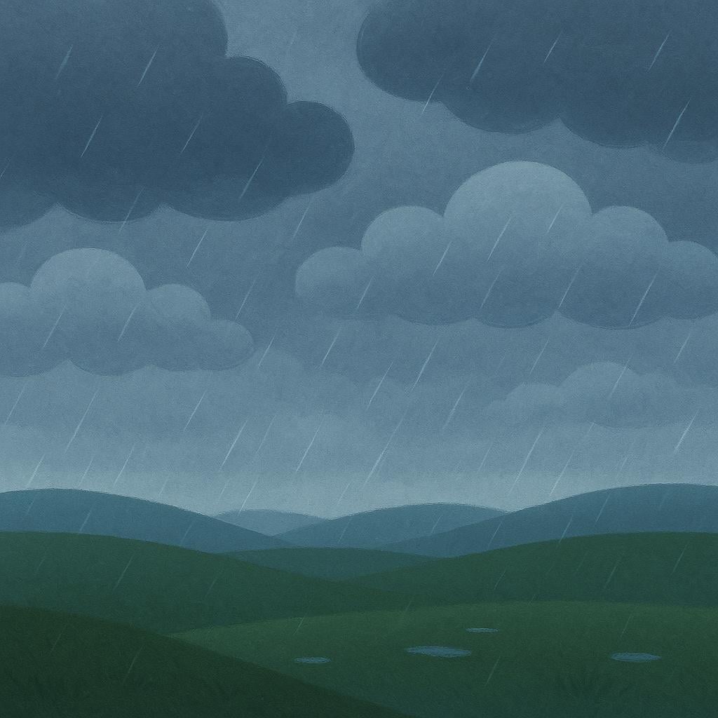 A simple, gloomy landscape illustration showing heavy gray clouds covering the sky and soft rain falling onto a dark green field.