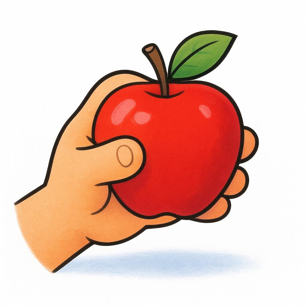 A cartoon hand reaching out and grasping a bright red apple resting on a white surface.