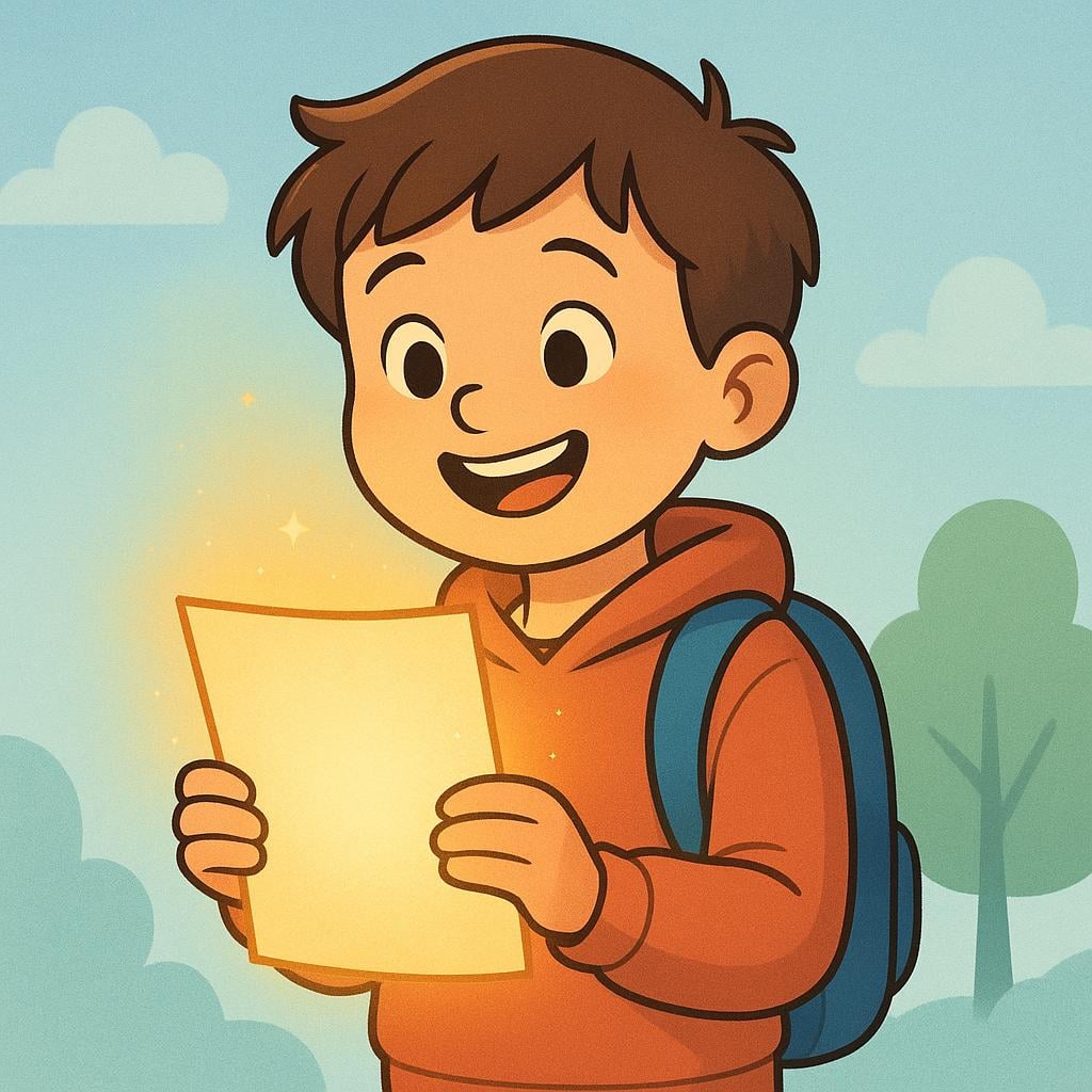 A happy student character with bright eyes and a wide smile holding a piece of paper that is glowing with golden light, symbolizing a good result.