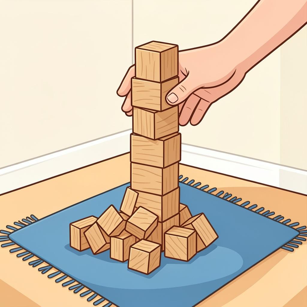 Une main renversant une haute tour de blocs de bois.