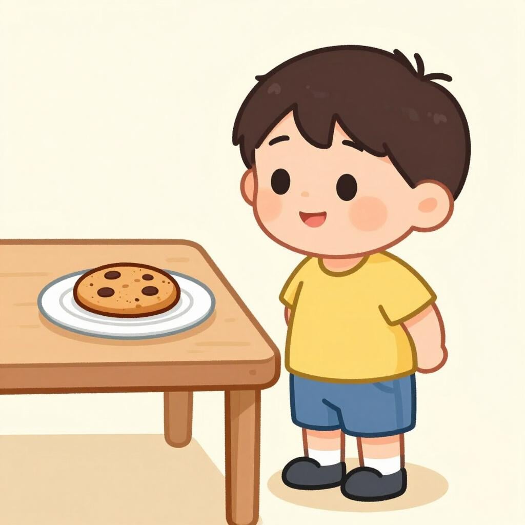 A child looking at a delicious chocolate cookie on a plate but keeping their hands behind their back.