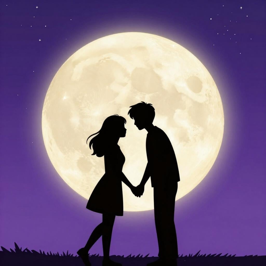 Twee silhouetten die elkaars hand vasthouden en naar elkaar toe leunen onder een sterrenhemel.