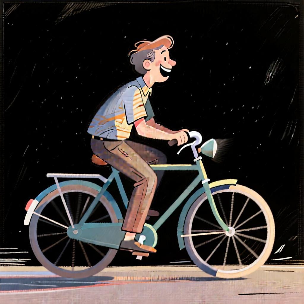 A person riding a bicycle, showing 'en' used for mode of transport.