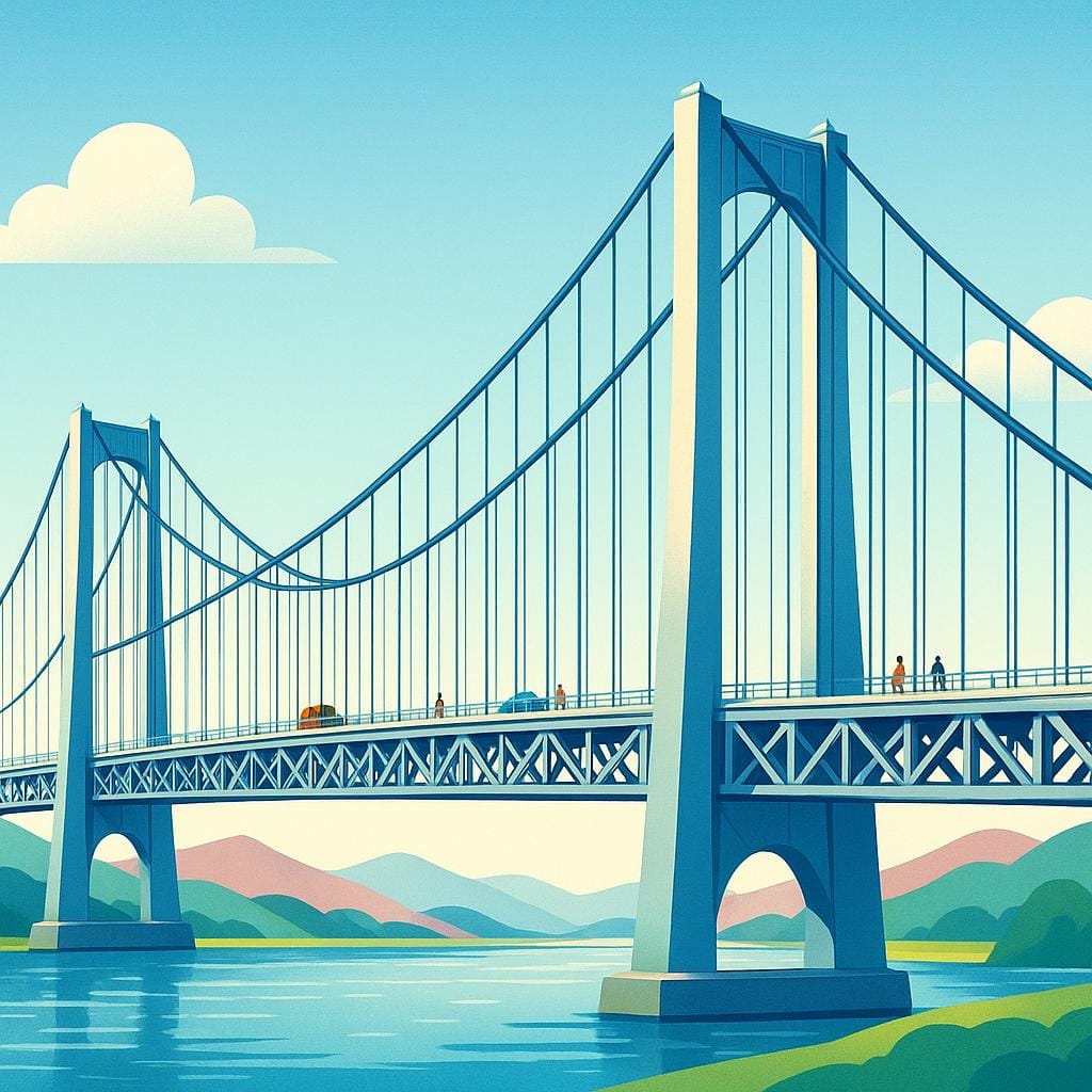An illustration of a huge, modern suspension bridge stretching across a wide river valley, representing complex infrastructure and construction.