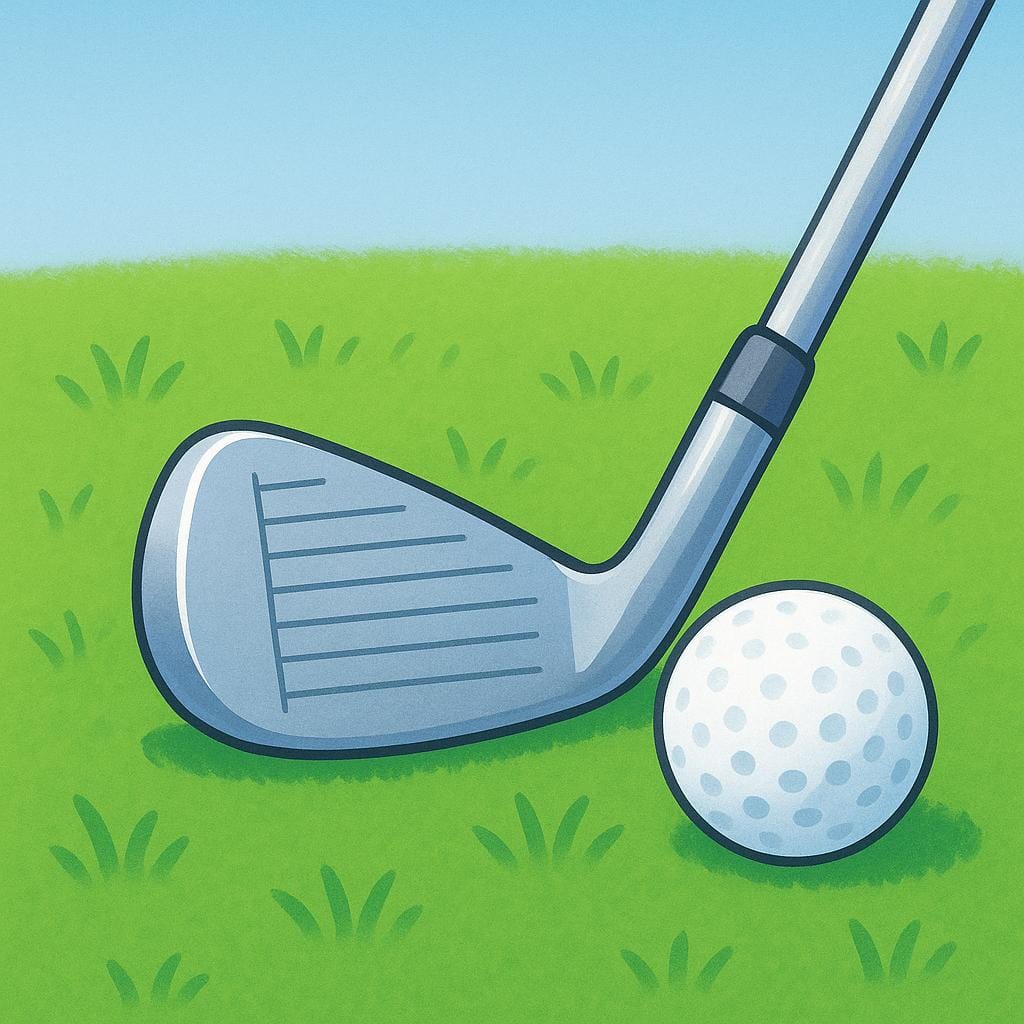 A close-up illustration of a single golf club resting on green grass next to a golf ball.