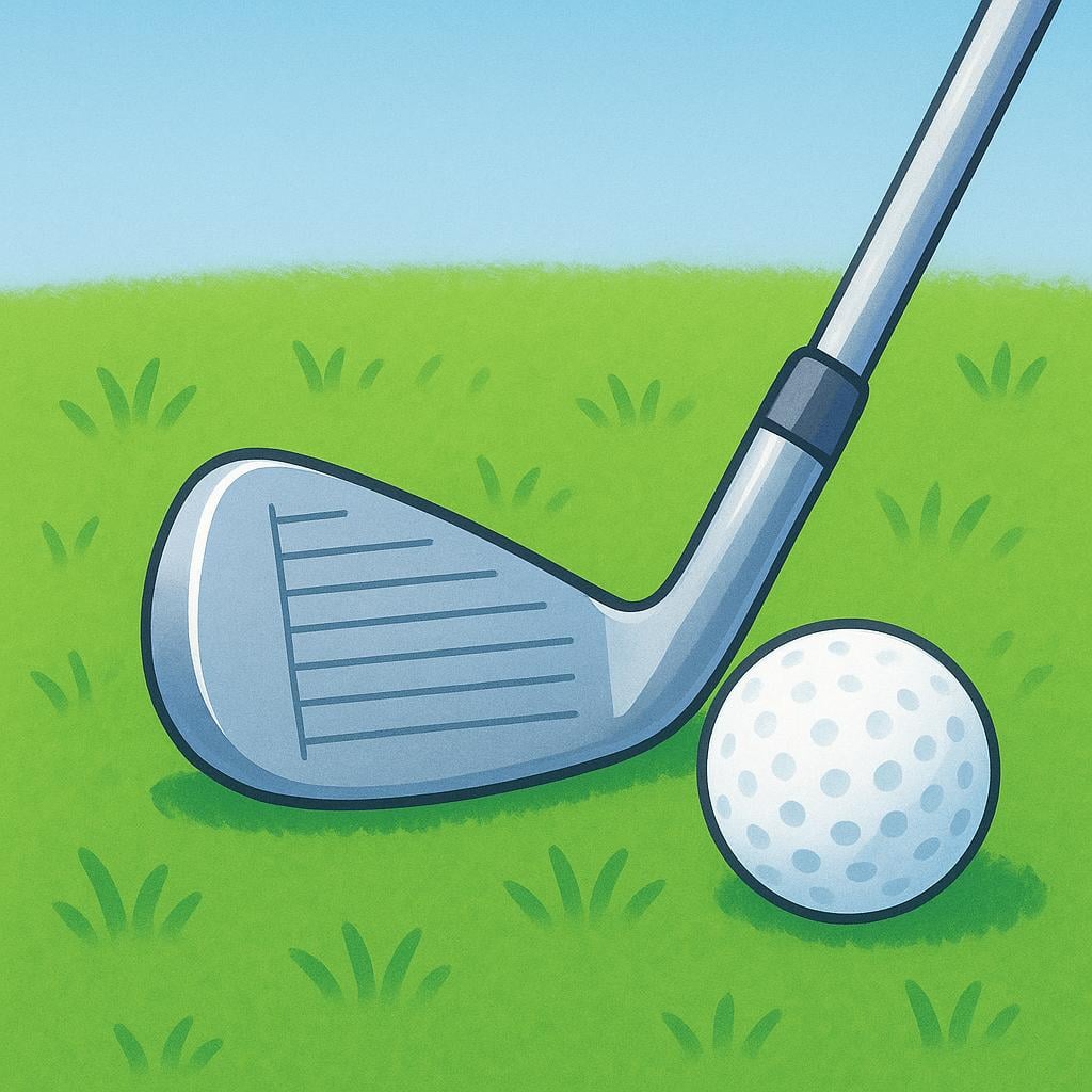 A close-up illustration of a single golf club resting on green grass next to a golf ball.