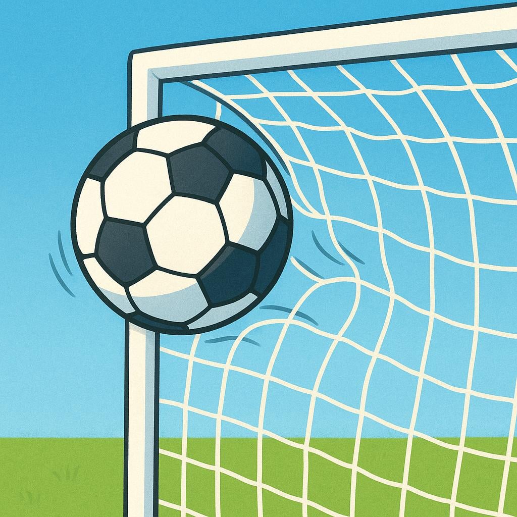 A soccer ball flying into a white soccer net, showing the moment a goal is scored.