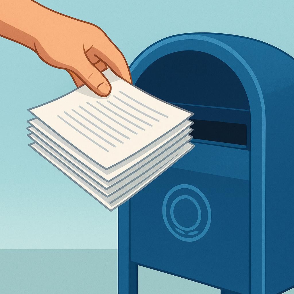 A hand is dropping a thick stack of plain white official documents into a large, blue government mailbox.
