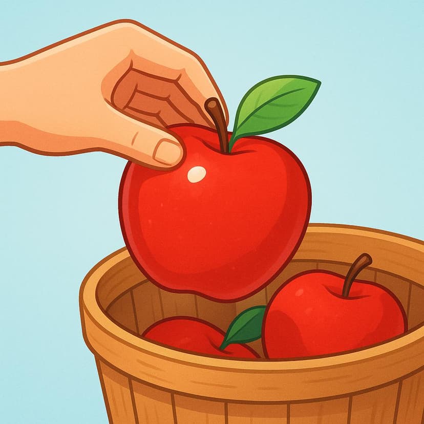 A close-up view of a hand reaching into a wooden basket and physically removing a bright red apple.