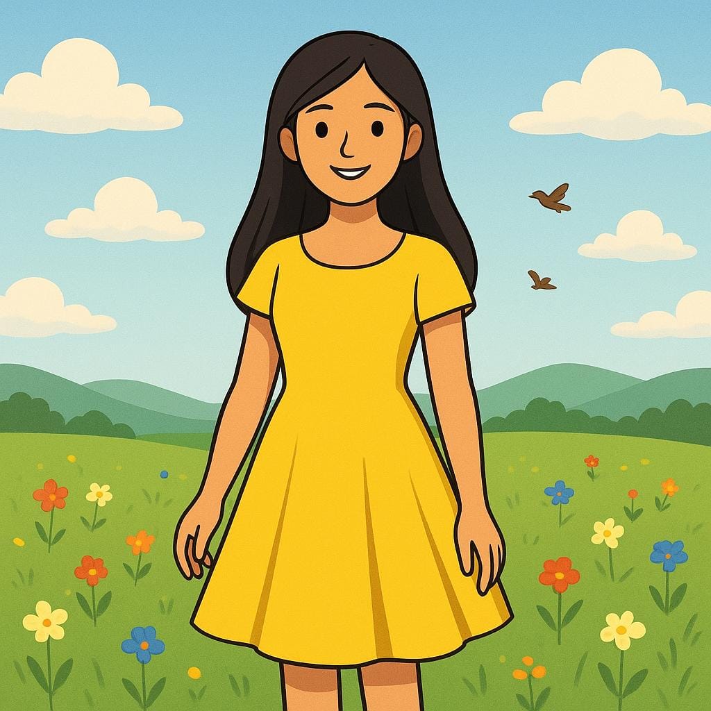 A colorful illustration of a cheerful young woman with dark hair standing outdoors in a bright yellow dress.