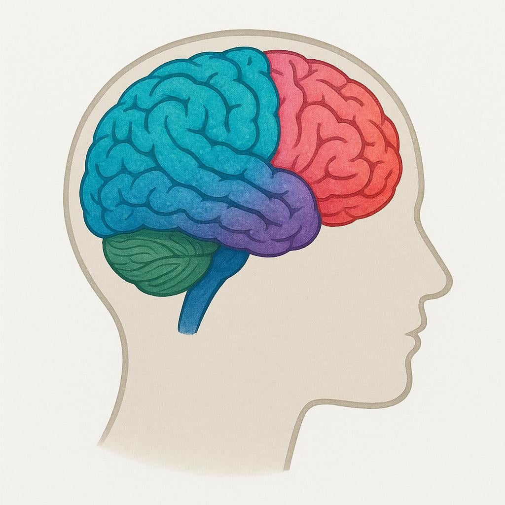A simple, colorful illustration showing a human head outline in profile with a large, detailed brain visible inside.