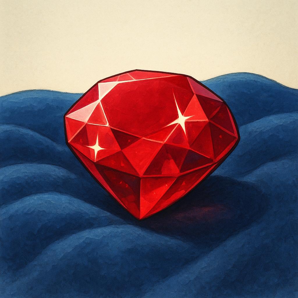 A close-up view of a perfectly cut, sparkling red ruby resting on a dark velvet surface.