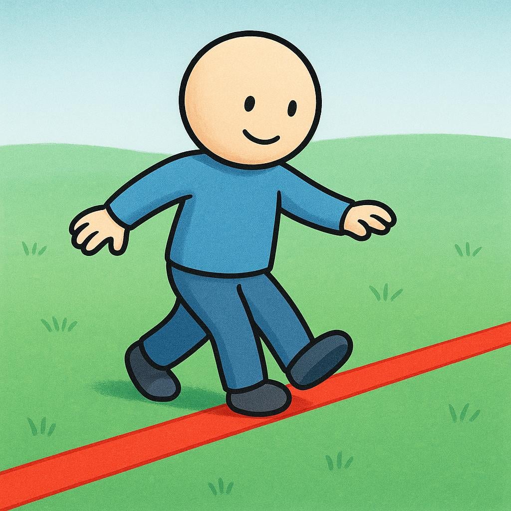 A simple cartoon figure stepping across a bright red line drawn on the ground, indicating a clear boundary or rule violation.