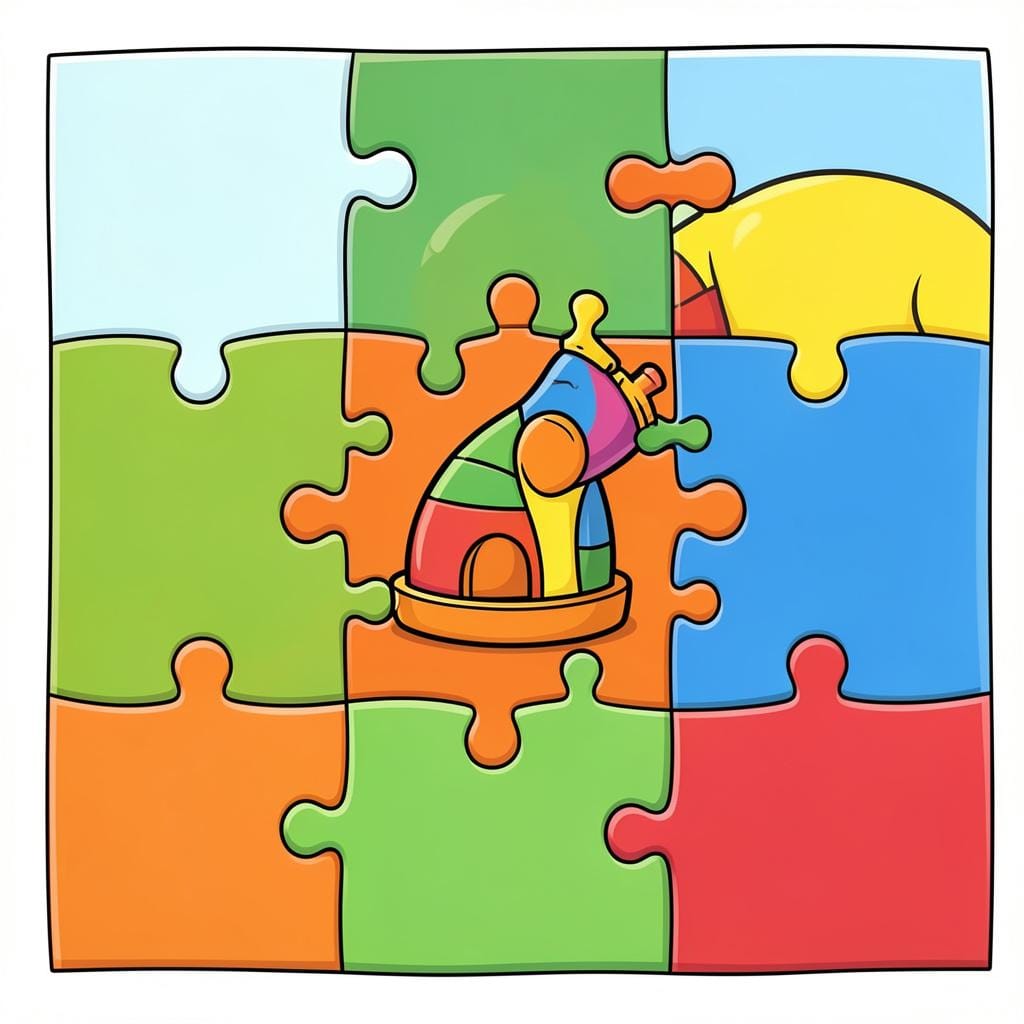 A colorful puzzle with pieces of different shapes and colors coming together to form a whole.