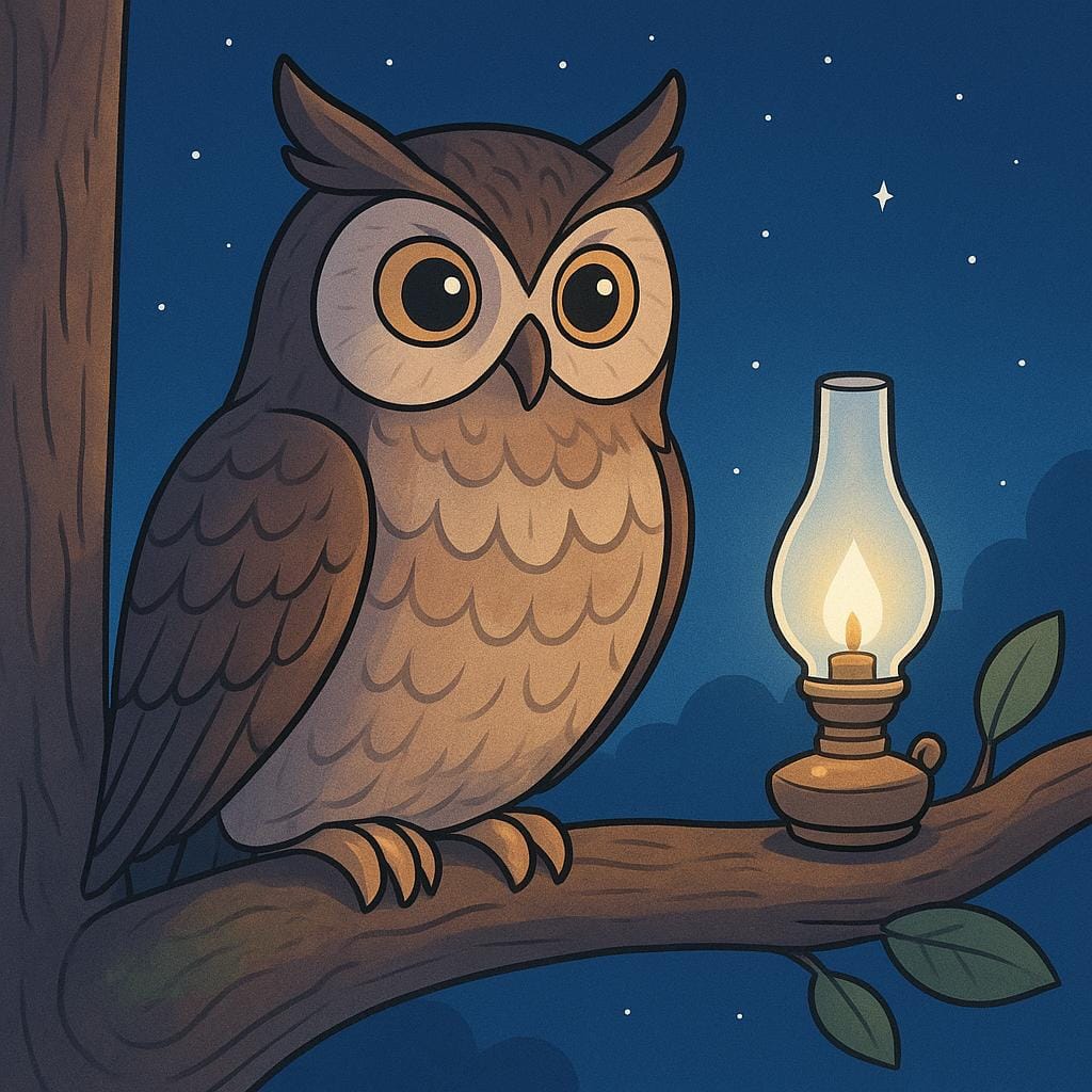 A wise-looking owl sitting on a thick tree branch, observing a small, brightly lit oil lamp.