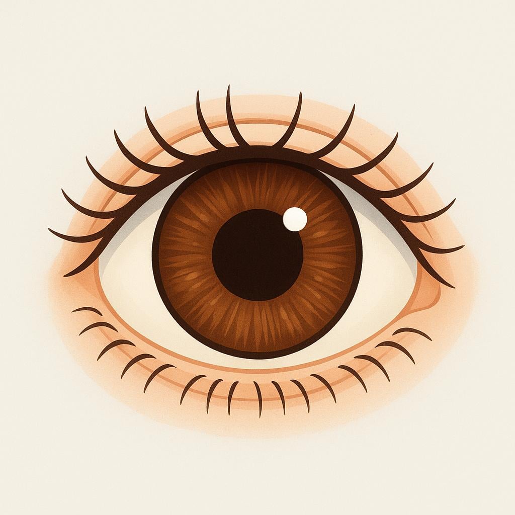 A close-up illustration of a single human eye with a brown iris, long eyelashes, and a bright white sclera.