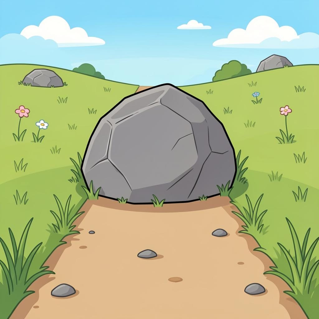 A large, smooth boulder blocking a narrow walking path in a green field.