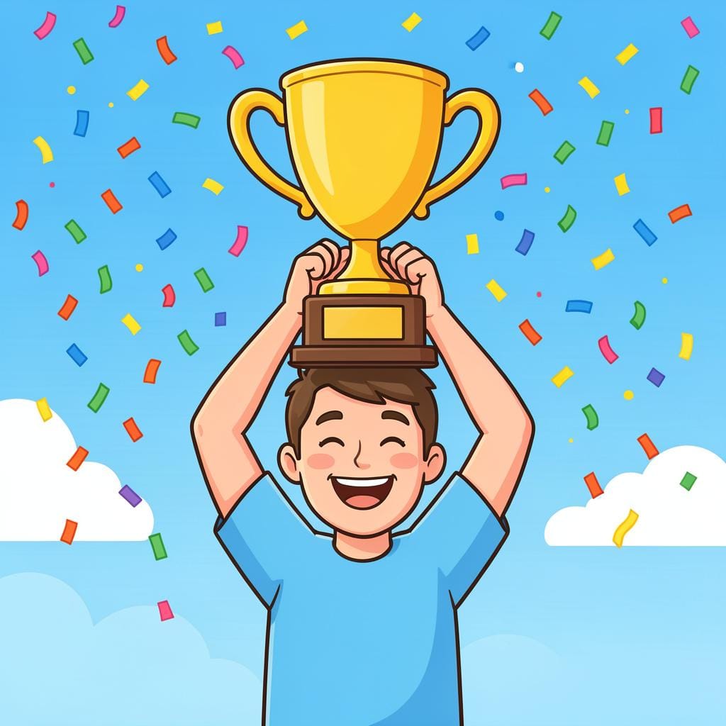 A vibrant illustration of a person celebrating with a giant gold trophy and confetti.