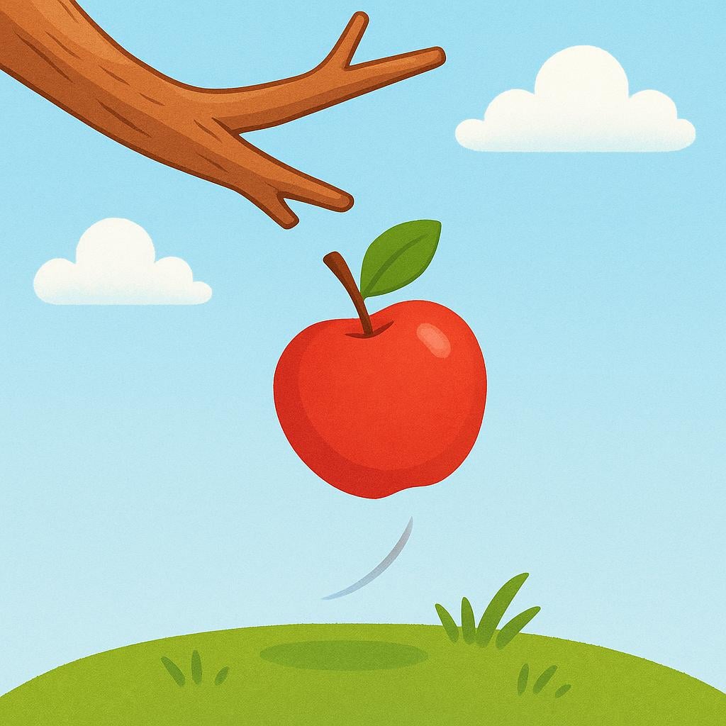 A bright red apple mid-air, having just detached from a brown tree branch, falling toward green grass below.