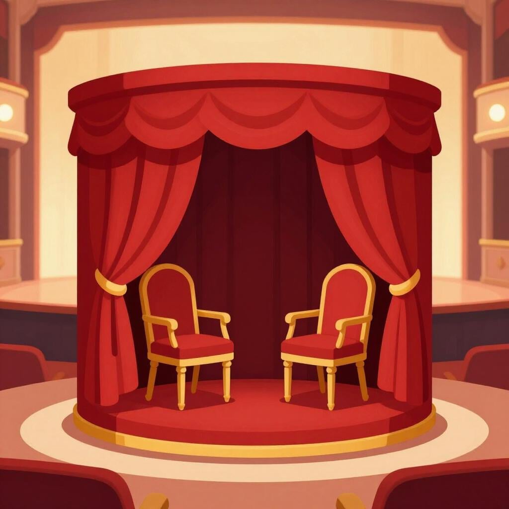 Eine private Loge in einem Theater mit roten Samtvorhängen und Plüschsesseln mit Blick auf eine Bühne.