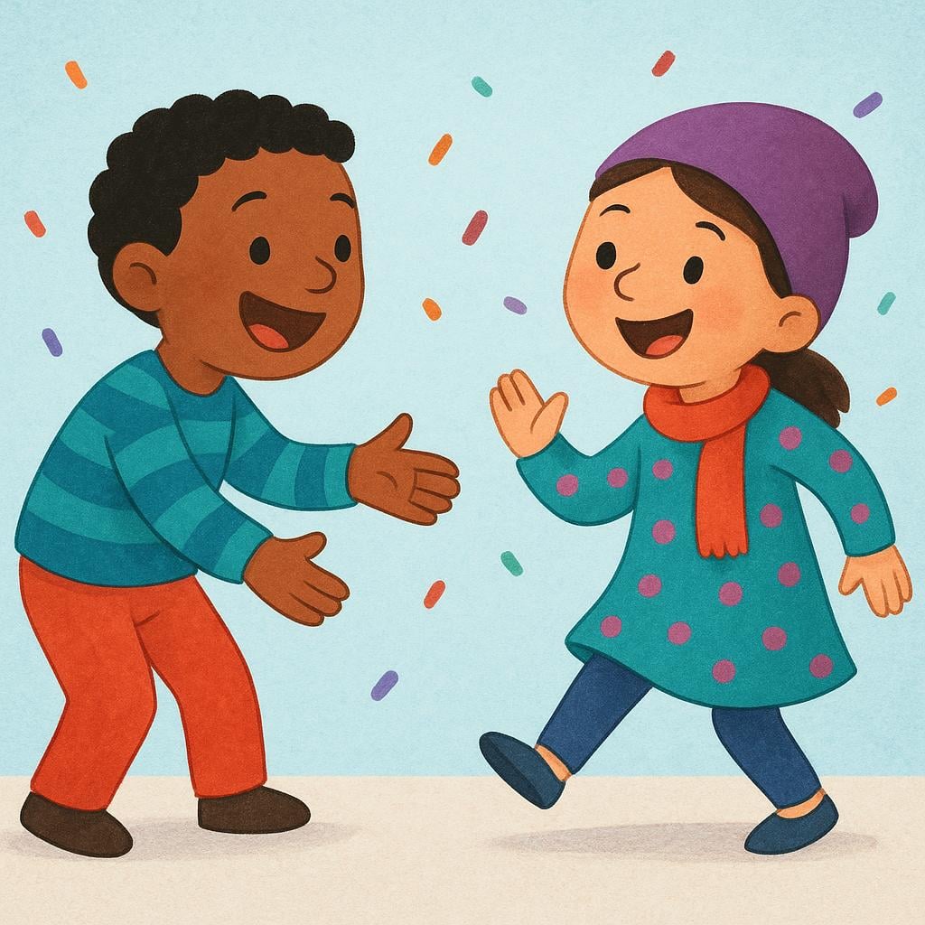 One figure stands ready to dance and extends a hand toward a second figure, gesturing emphatically for them to join immediately.