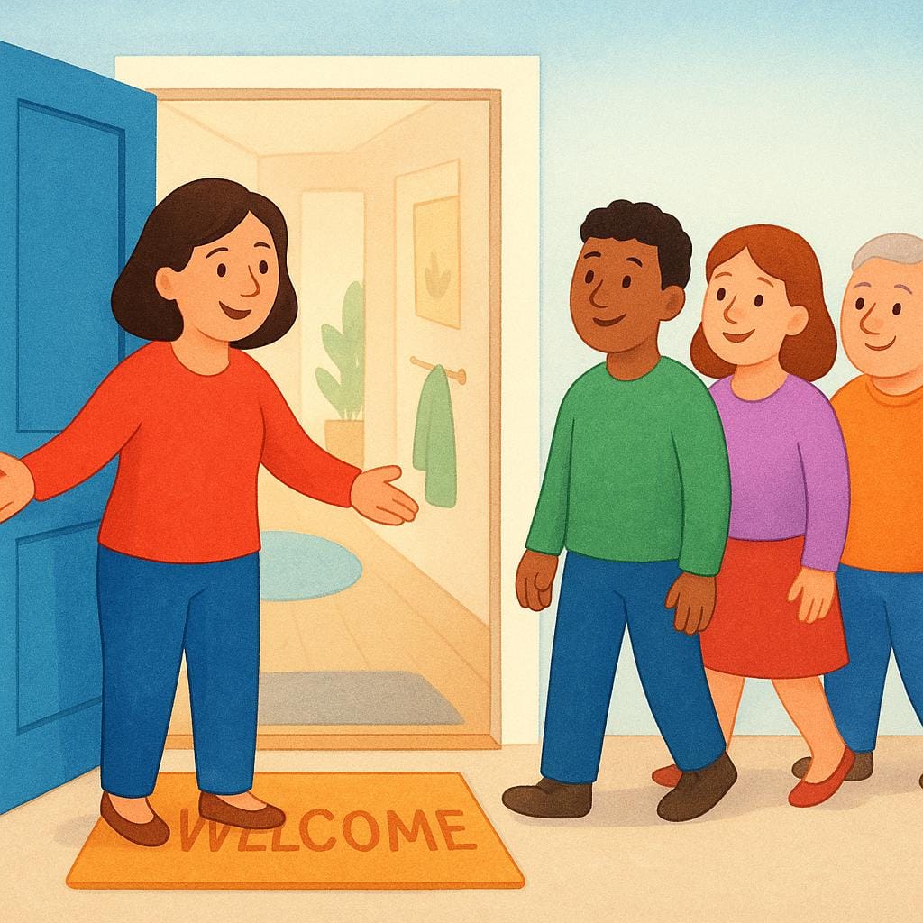 Een formele, vriendelijke figuur staat bij de ingang van een gebouw, houdt een deur wijd open en gebaart hartelijk om een groep van drie gasten te verwelkomen.