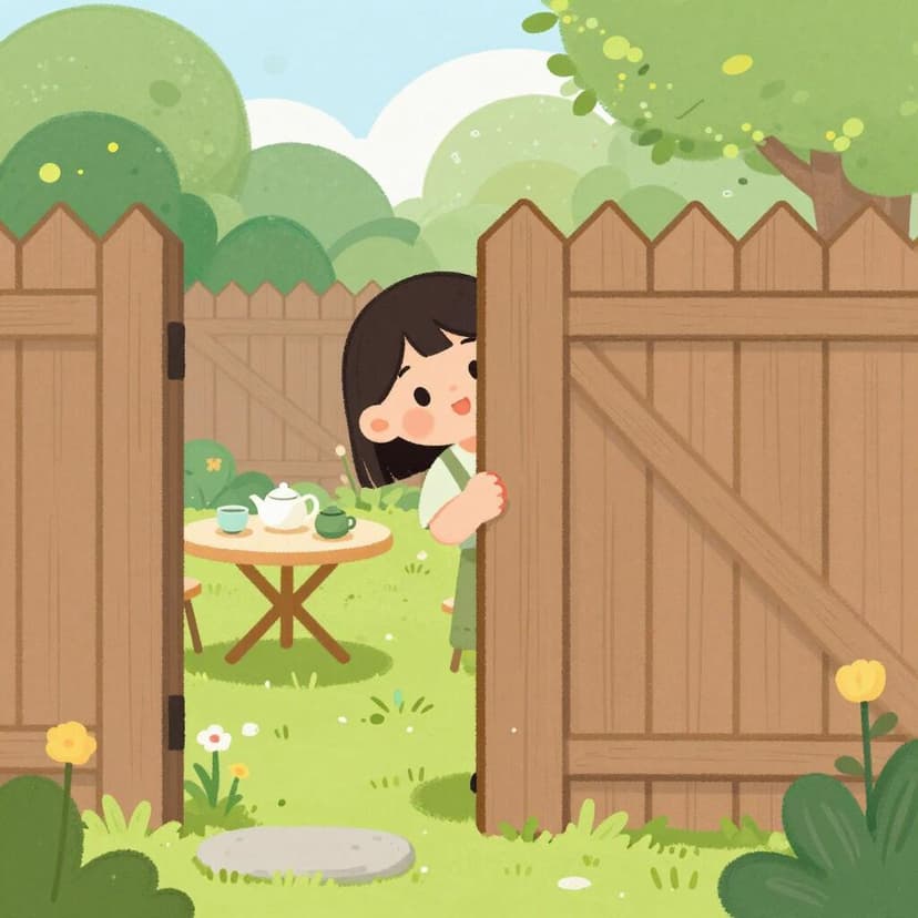 Eine neugierige Person späht über einen hohen Holzzaun, um den Garten ihres Nachbarn auszuspionieren.