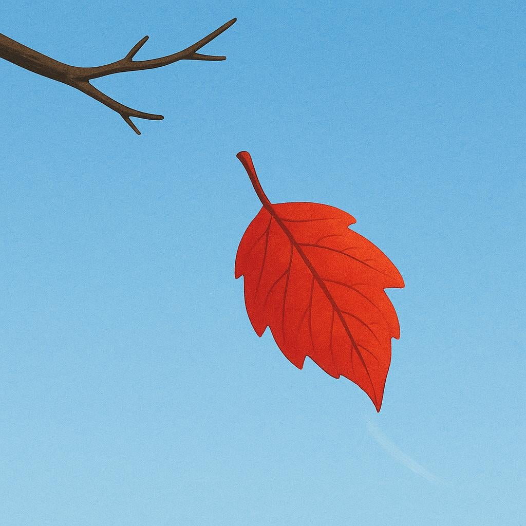 A single bright red autumn leaf is shown slowly drifting downwards from a tree branch against a clear blue sky.