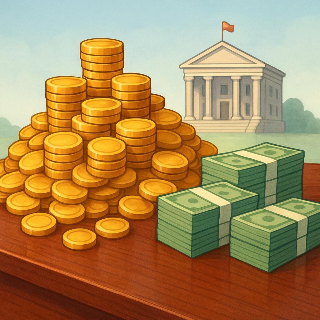 A massive pile of gold coins and stacks of currency resting on a polished wooden table, symbolizing public revenue and taxation. A small, dignified government building is visible in the background.