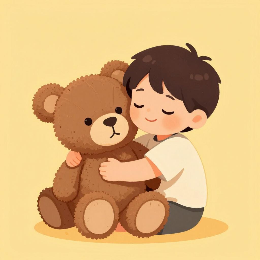 Uma criança pequena abraçando um grande ursinho de pelúcia com muita força contra o peito.