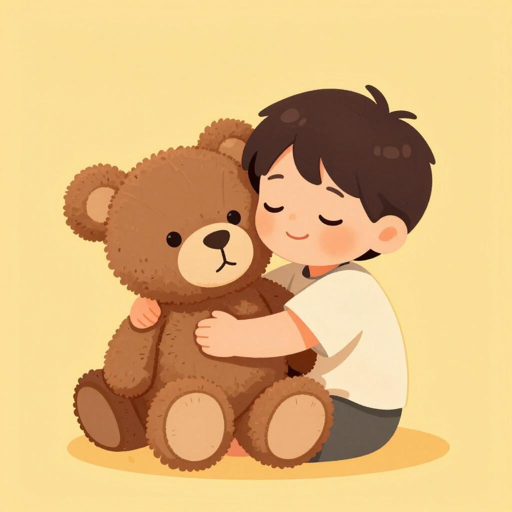 Un petit enfant serrant très fort un gros ours en peluche contre sa poitrine.