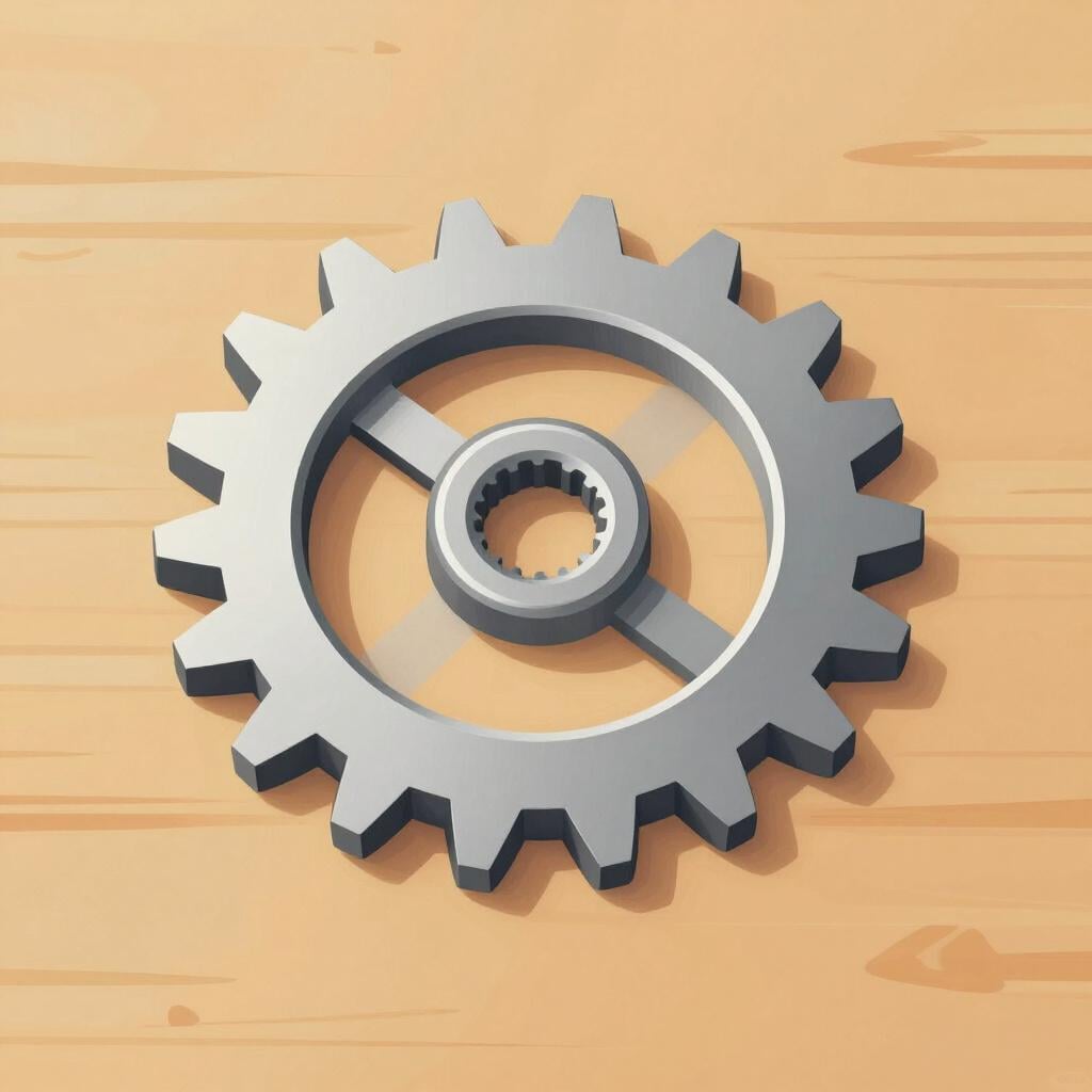 A brand new shiny metallic gear sitting alone on a wooden workbench.