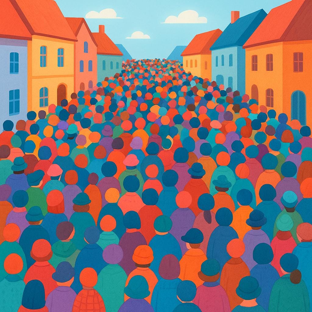 A dense mass of many indistinct people packed tightly together, forming a large, colorful crowd filling a public space.