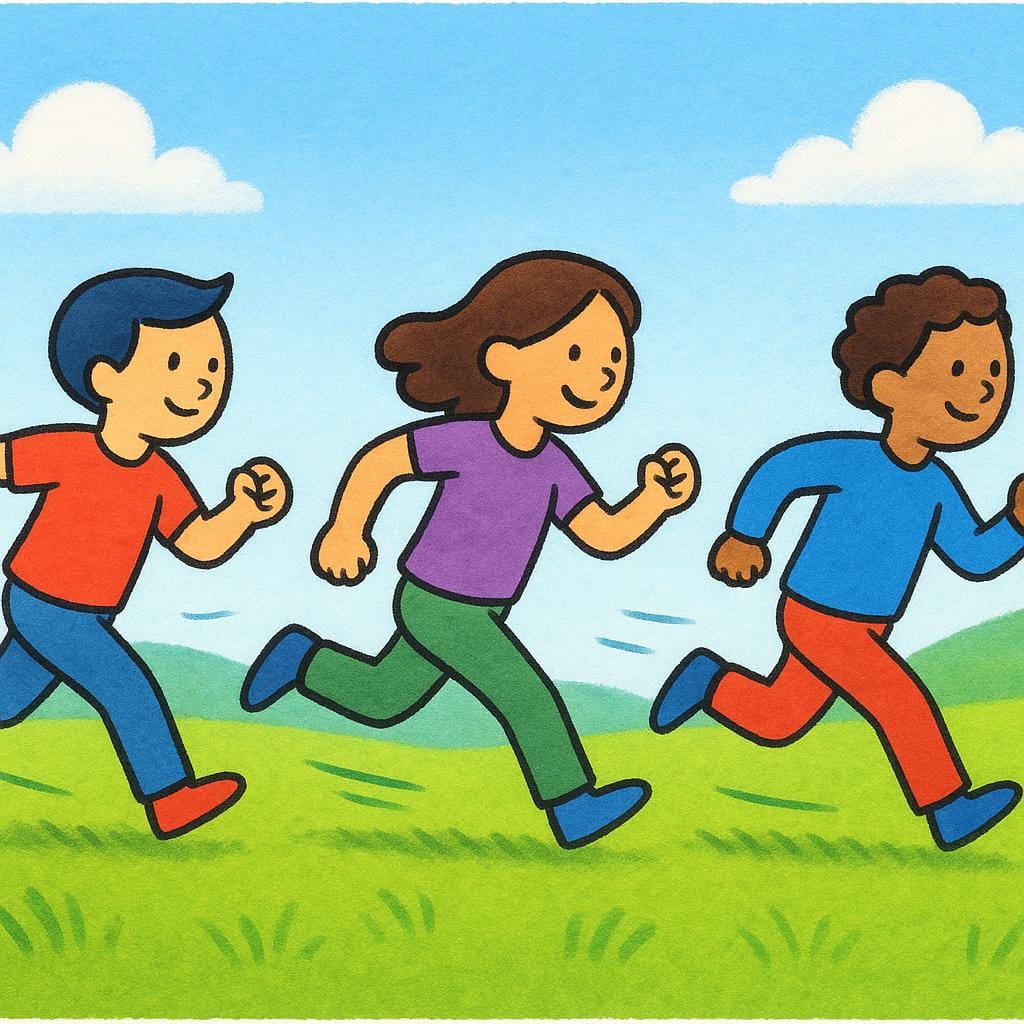 Three figures running swiftly across a bright green meadow, depicting an urgent command for a group to move quickly.