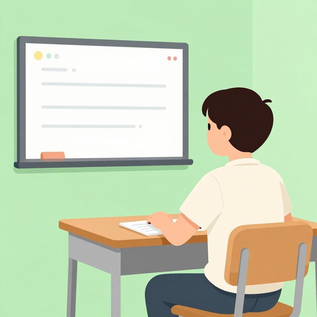 A student sitting at a desk in a classroom, observing a lesson while holding a cup of tea, without any books or pens.