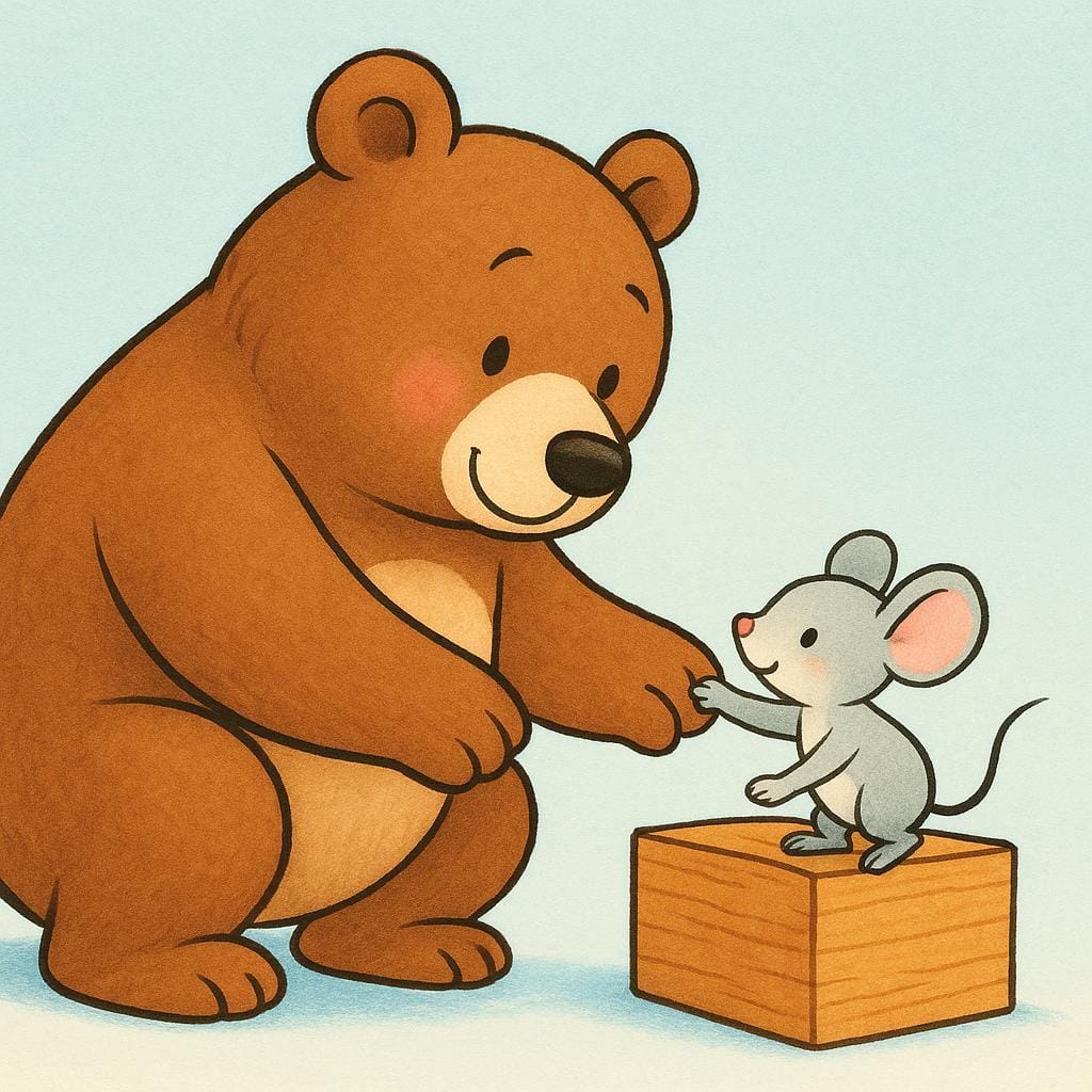 A colorful storybook illustration showing a large cartoon bear gently helping a small cartoon mouse climb up onto a wooden block, symbolizing support.