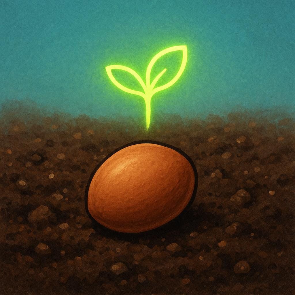A simple illustration of a small brown seed resting in dark earth, with a faint green outline indicating the plant that will grow from it.