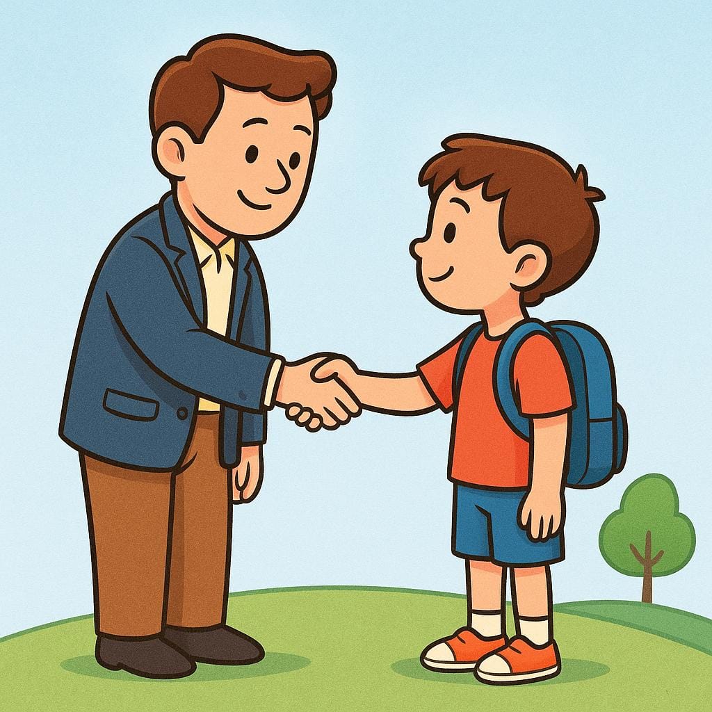 Two cartoon characters, one taller and one shorter, standing and firmly shaking hands in the center of the frame to symbolize a commitment or pledge.