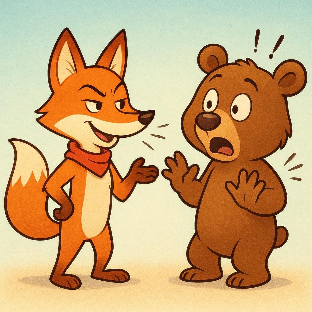 A confident fox facing a stunned and recoiling bear, illustrating the impact of a sharp or witty retort.