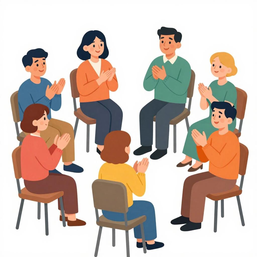 A diverse group of people sitting together and clapping their hands while looking forward.