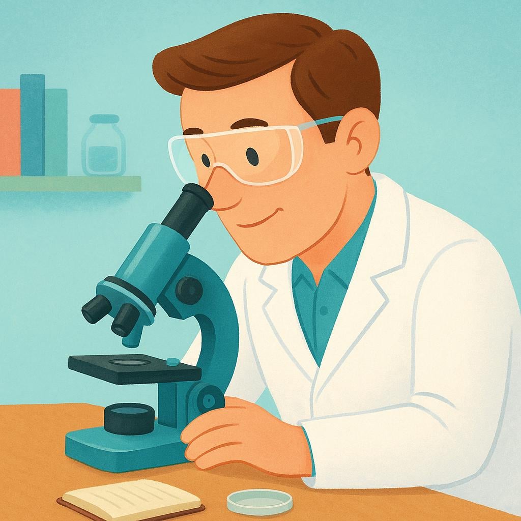 A friendly man wearing a white lab coat and protective goggles, looking intently through a microscope.